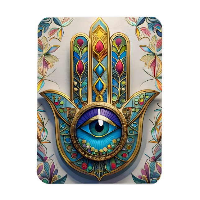 Guld Colorful Filigree Blue-Grönt Tredje Öga Hamsa Magnet (Vertikal)