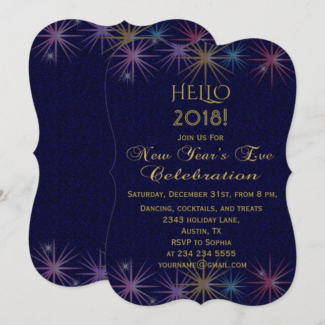 Guld Colorful Fireworks Nyårsafton Inbjudningar (Fram/baksida)