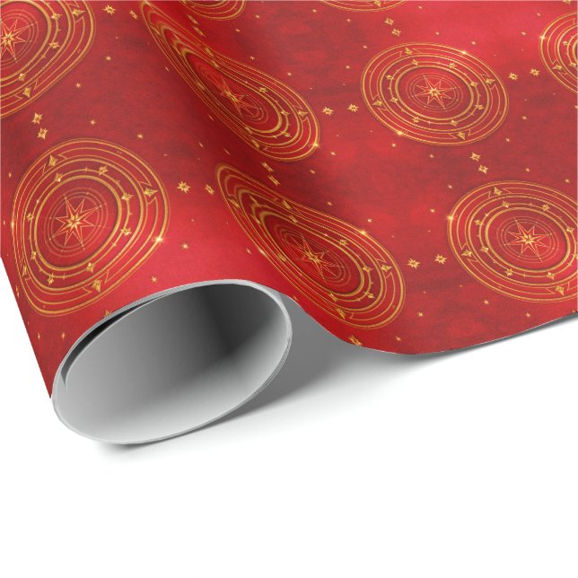 Guld Compass och Red Stars Mönster Presentpapper (Rullad Hörn)