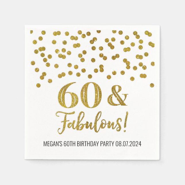 Guld Confetti 60 & Fabulous Birthday Napkins Pappersservett (Framsidan)