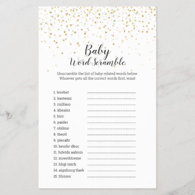 Guld Confetti Baby Shower Baby Ord Scramble Game Flygblad (Framsidan)