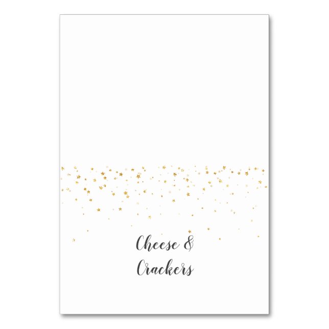 Guld Confetti Baby Shower Buffet Food Labels Bordsnummer (Framsidan)