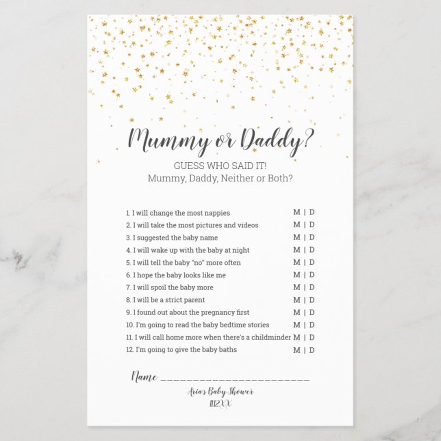 Guld Confetti Baby Shower Mummy eller Pappa Game Flygblad (Framsidan)