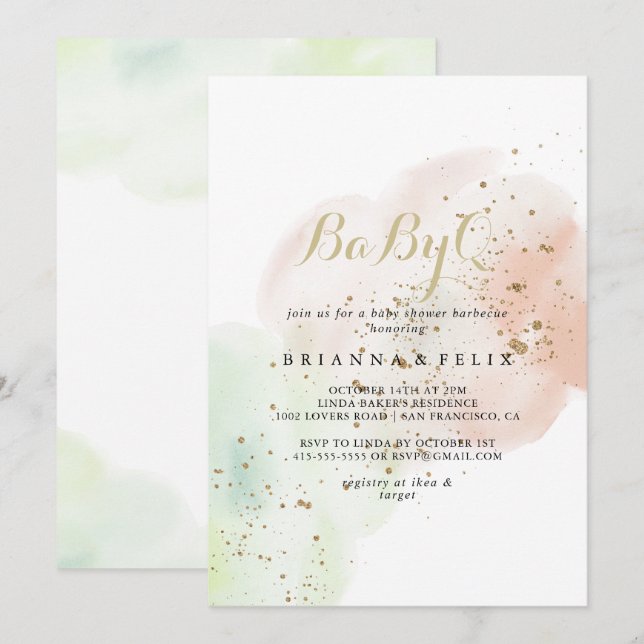 Guld Confetti BabyQ Baby Shower Barbecue Inbjudningar (Fram/baksida)