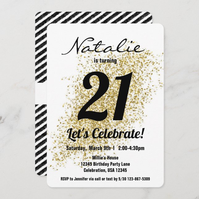 Guld Confetti Black and White Girl Birthday Inbjudningar (Fram/baksida)