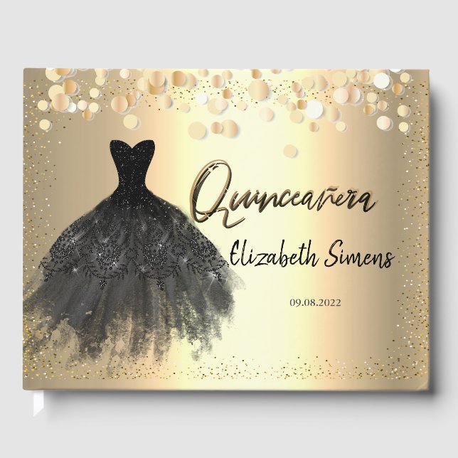 Guld confetti,Black Dress Quinceañera Gästböcker (Framsida)