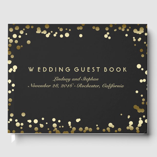 Guld Confetti Black Elegant bröllop Gästböcker (Framsida)