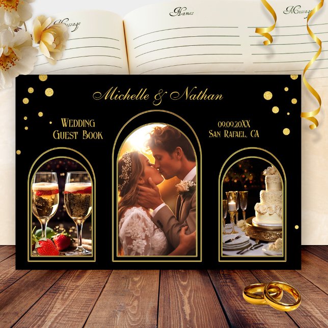 Guld Confetti Black Photo Bröllop Gästböcker (Wedding guest book featuring your custom photos framed by black with festive gold sparkled confetti)