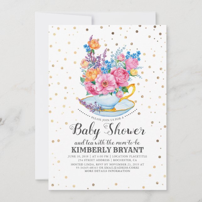 Guld Confetti | Blommigt Baby Shower Tea Party Inbjudningar (Framsida)