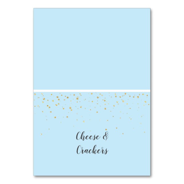 Guld Confetti Blue Baby Shower Buffet Food Labels Bordsnummer (Framsidan)