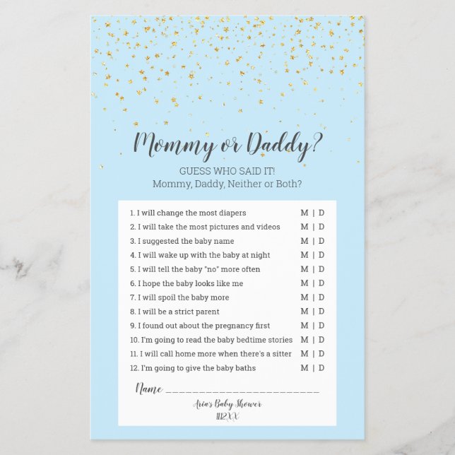 Guld Confetti Blue Baby Shower Mamma eller pappa G Flygblad (Framsidan)