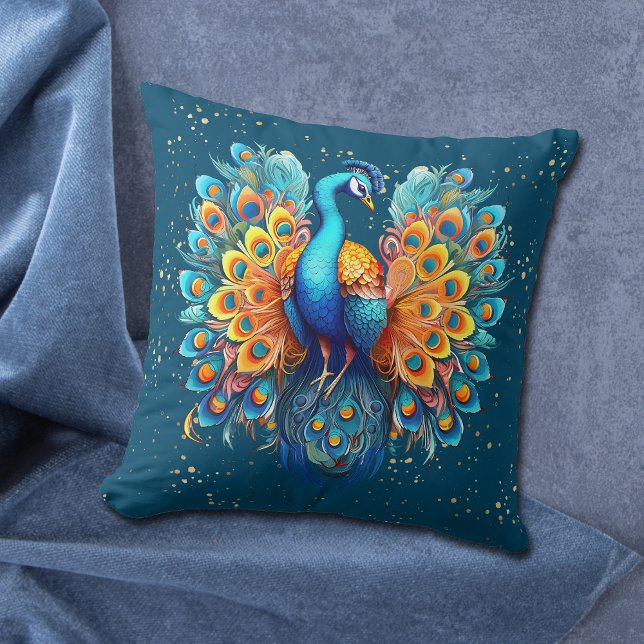 Guld Confetti Blue Fantasy Peacock Kudde (Skapare uppladdad)