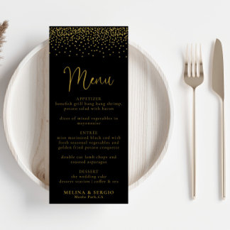 Guld Confetti Boho Black Bröllop Menu Meny