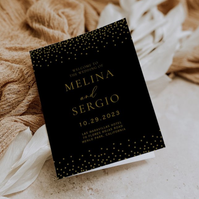 Guld Confetti Boho Black Foldad Bröllop Program (Skapare uppladdad)