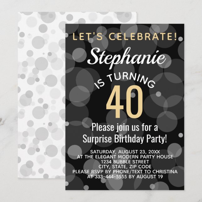 Guld Confetti Bokeh Bubbles 40:e födelsedagen Part Inbjudningar (Fram/baksida)