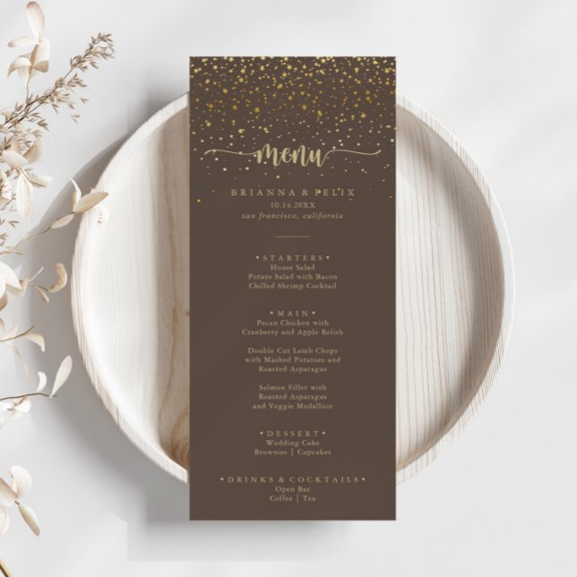 Guld Confetti Calligraphy Brown Dinner Menu Meny (Skapare uppladdad)