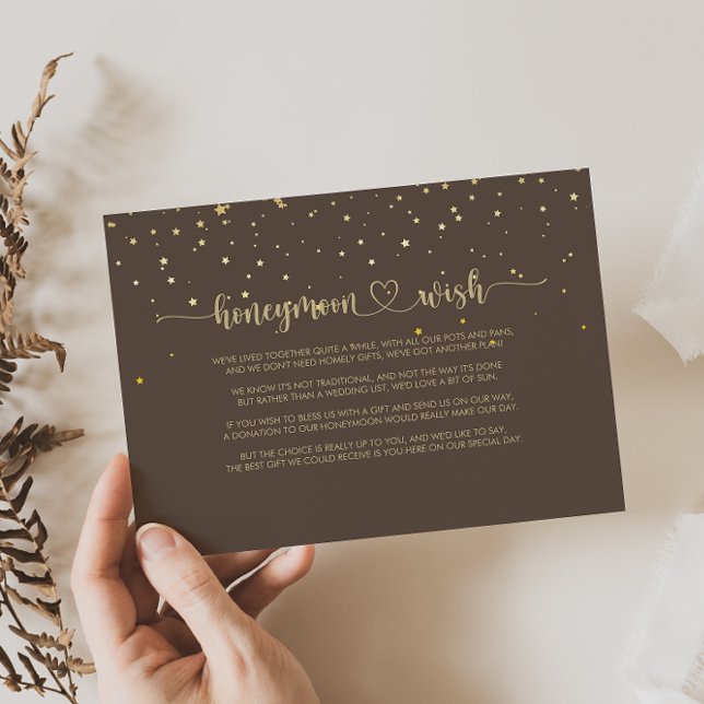 Guld Confetti Calligraphy Brown Honeymoon Wish Tilläggskort (Skapare uppladdad)