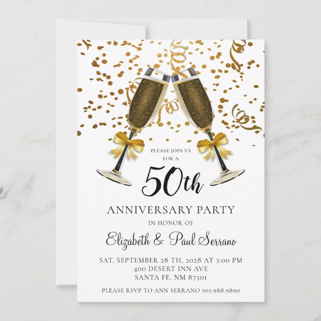 Guld Confetti Champagne Glass 50-årsdagen Inbjudningar (Framsida)