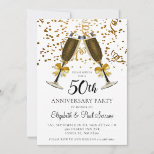 Guld Confetti Champagne Glass 50-årsdagen Inbjudningar