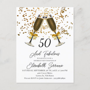 Guld Confetti Champagne Glass 50:e födelsedagen Inbjudan Vykort