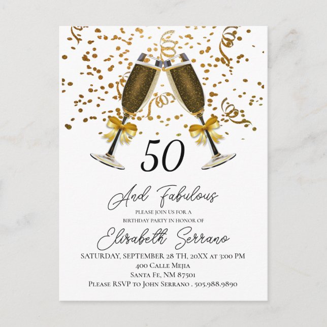 Guld Confetti Champagne Glass 50:e födelsedagen Inbjudan Vykort (Framsida)