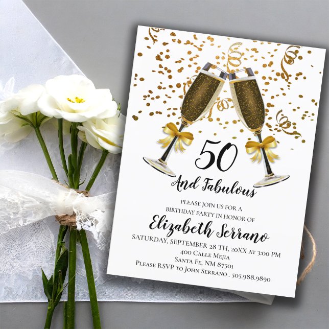 Guld Confetti Champagne Glass 50:e födelsedagen Inbjudan Vykort (Skapare uppladdad)