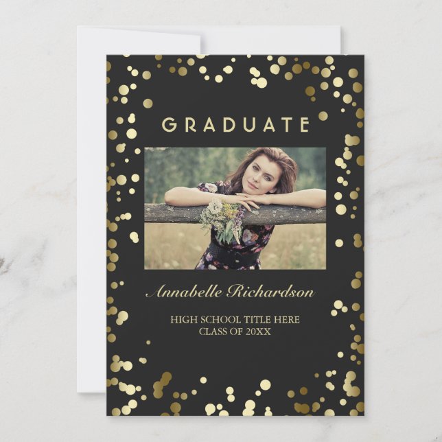 Guld Confetti Dots Black Elegant Photo Studenten Inbjudningar (Framsida)