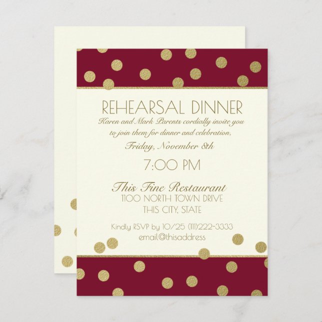 Guld Confetti Dots Burgundy Rehearsal Middag Inbjudningar (Fram/baksida)