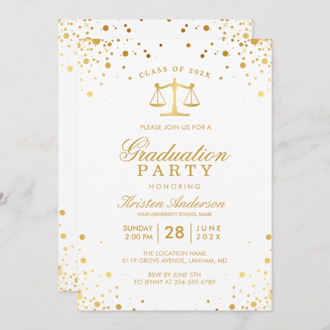 Guld Confetti Dots Law School Studentfest Inbjudningar (Fram/baksida)