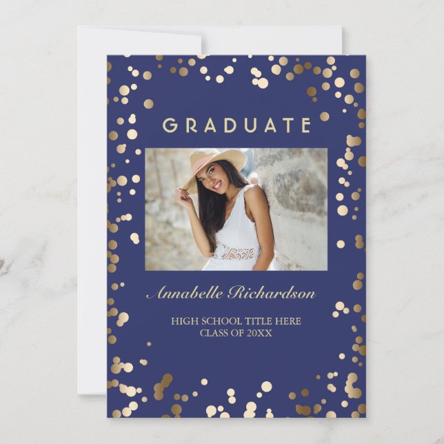 Guld Confetti Dots Navy Elegant Photo Studenten Inbjudningar (Framsida)