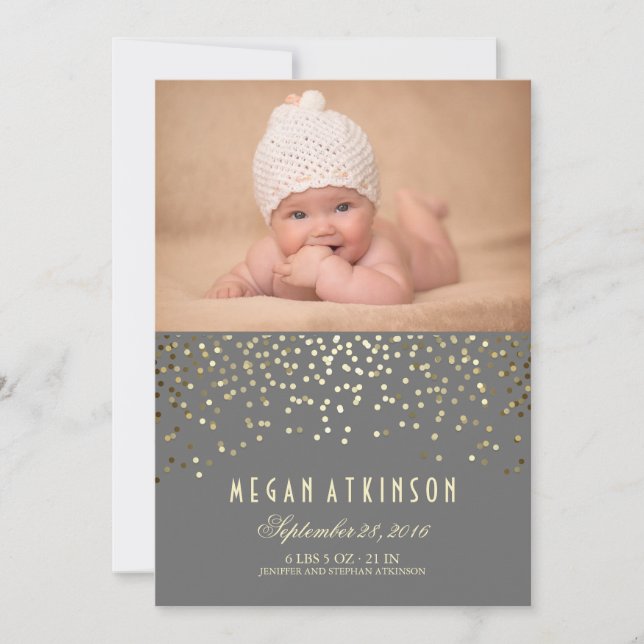 Guld Confetti Dots Newborn Baby Photo Birth Meddelande (Framsida)