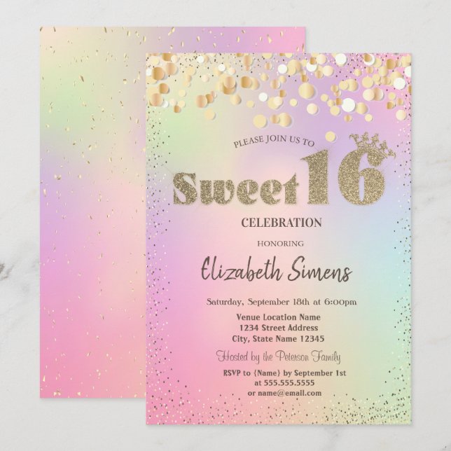 Guld Confetti Dots Princess HoloGraph Sweet 16 Inbjudningar (Fram/baksida)
