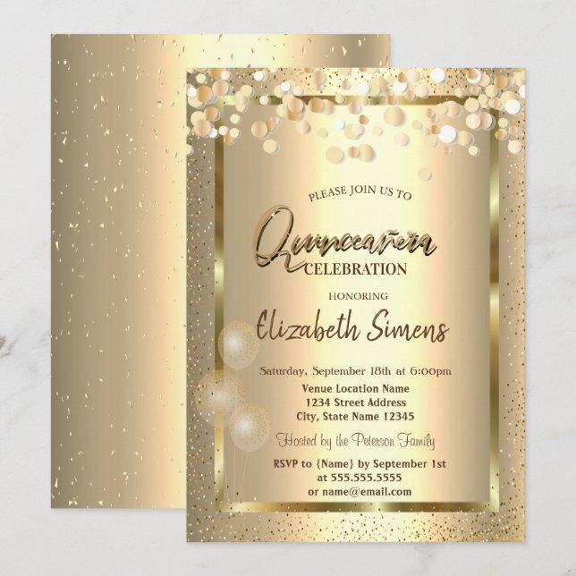 Guld Confetti Dots Ram Balloons Quinceañera Inbjudningar (Fram/baksida)