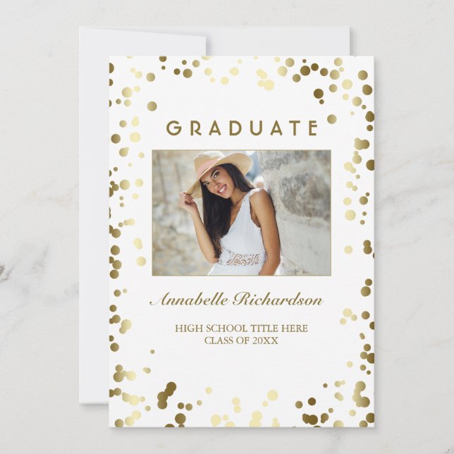 Guld Confetti Dots White Elegant Photo Studenten Inbjudningar (Framsida)