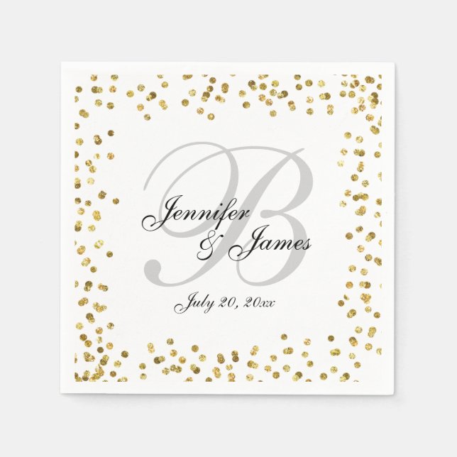 Guld Confetti Elegant Grått Monogram Bröllop Pappersservett (Framsidan)