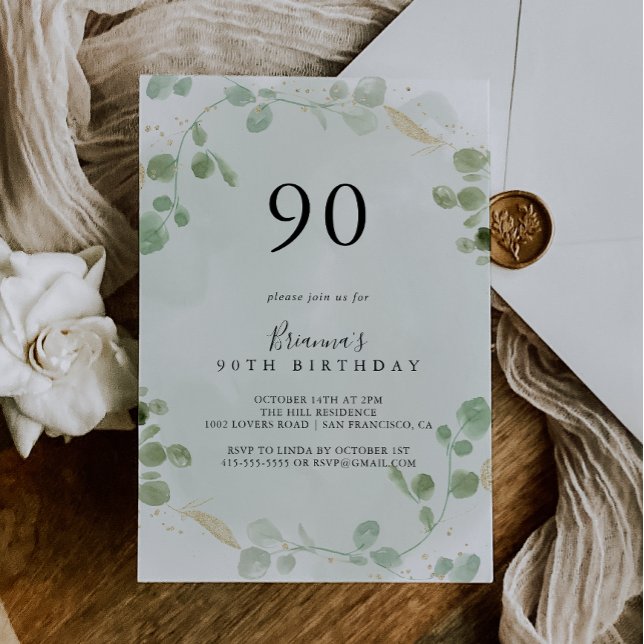 Guld Confetti Eucalyptus 90:e Födelsedagsfest Inbjudningar (Skapare uppladdad)