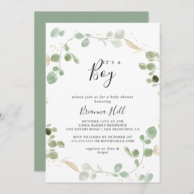 Guld Confetti Eucalyptus Det är en pojkbabyskor Inbjudningar (Fram/baksida)