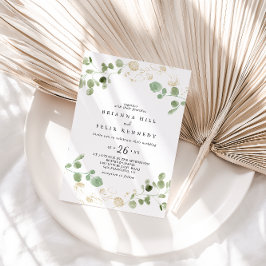 Guld Confetti Eucalyptus Foliage Avslappnad Bröllo Inbjudningar