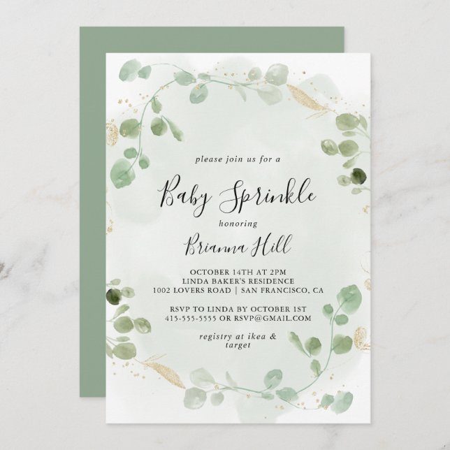 Guld Confetti Eucalyptus Foliage Baby Sprinkle Inbjudningar (Fram/baksida)