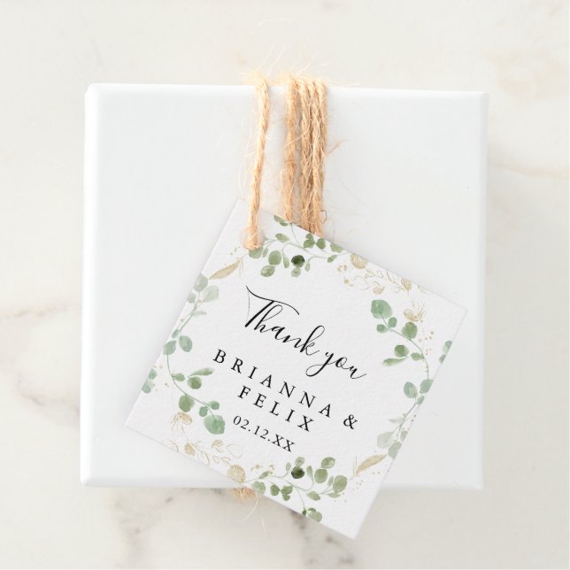 Guld Confetti Eucalyptus Foliage Bröllop Gåvor Etiketter (På plats)