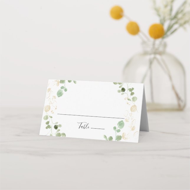 Guld Confetti Eucalyptus Foliage Bröllop Placeringskort (Framsida)