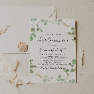 Guld Confetti Eucalyptus Foliage First Communion Inbjudningar