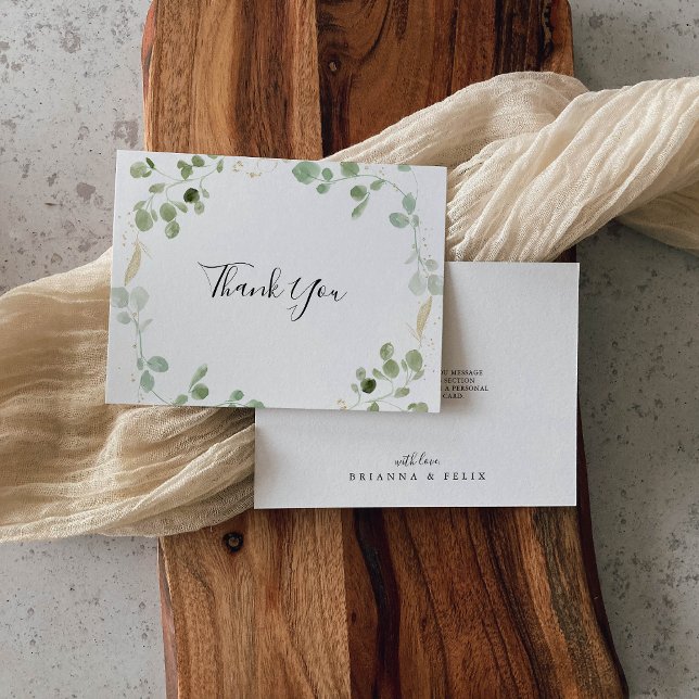 Guld Confetti Eucalyptus Foliage Flat Bröllop Tack Kort (Skapare uppladdad)