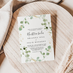 Guld Confetti Eucalyptus Foliage Nuestra Boda Inbjudningar