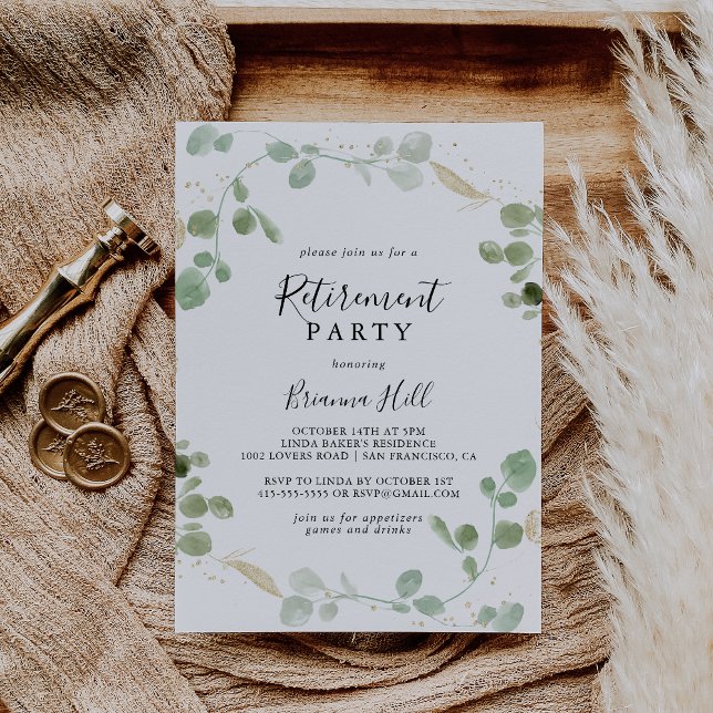 Guld Confetti Eucalyptus Foliage Pension Party Inbjudningar (Skapare uppladdad)