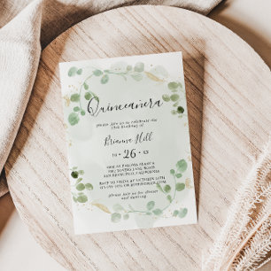 Guld Confetti Eucalyptus Foliage Quinceañera Inbjudningar