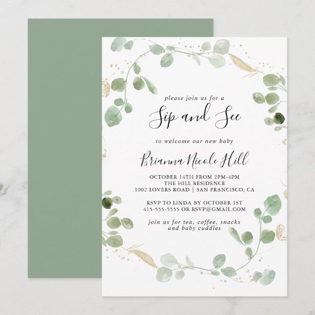 Guld Confetti Eucalyptus Foliage Sip och se Inbjudningar (Fram/baksida)
