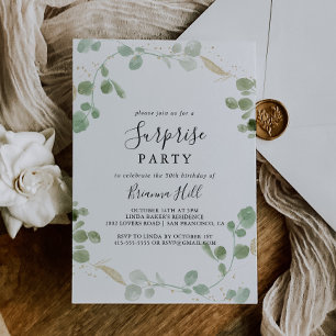 Guld Confetti Eucalyptus Foliage Surprise Party Inbjudningar