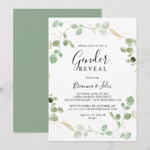Guld Confetti Eucalyptus Gender Reveal Party Inbjudningar