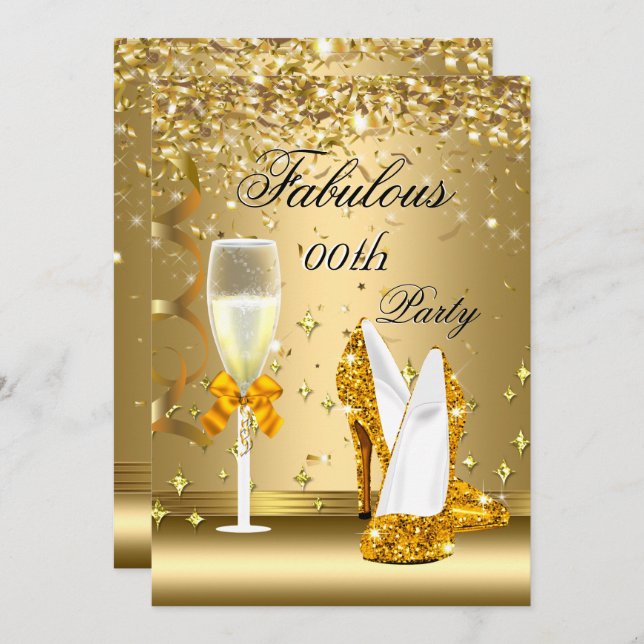Guld Confetti Fabulous Champagne Heels Birthday Inbjudningar (Fram/baksida)